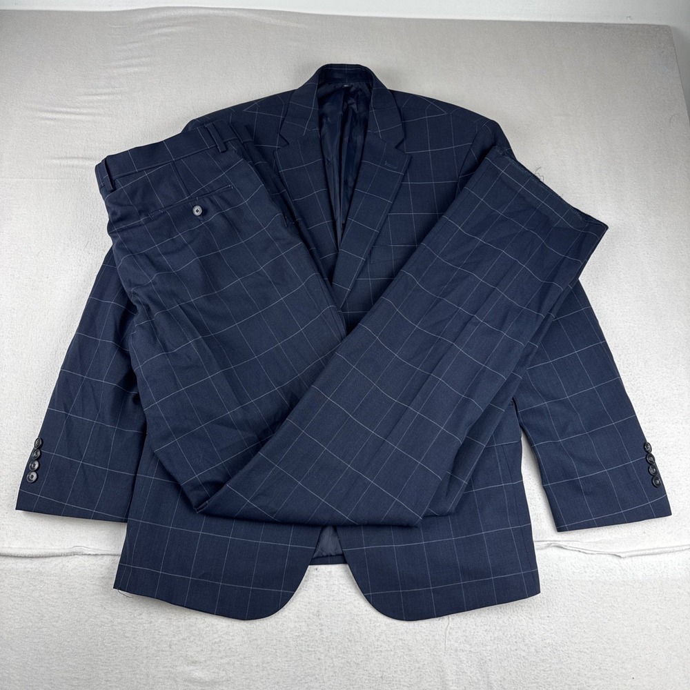 Jos A Bank Brrr Comfort Men Navy Windowpane 2-Piece Suit 42R Waist 37 (Unhemmed)